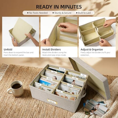 Collapsible Photo Storage Box, Adjustable Dividers - Beige, 35cm | Holds 1700 Photos, Hook & Loop Dividers, Handle, Label Stickers - color: Beige, size: 13.78"x11"x 5.12"