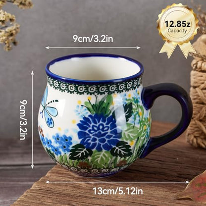 13oz Ceramic Coffee Mug, Hand-Painted Floral Polish Pottery Style Cup, Large Stoneware Tea Mug with Handle, Microwave & Dishwasher Safe (Flower A) - color: Flower A
