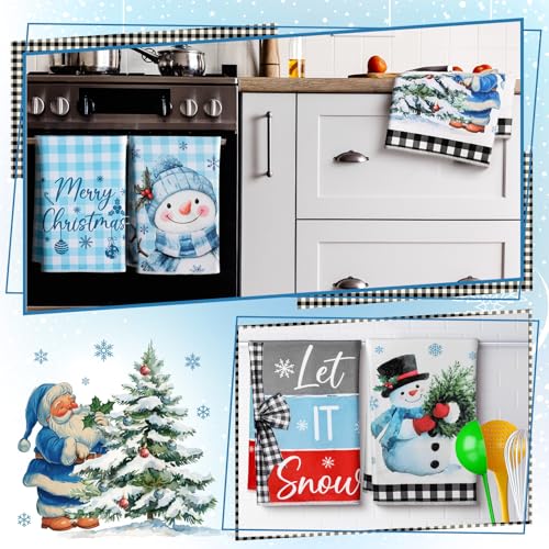 Fourluoo 8 Pcs Winter Kitchen Towels Snowman Hand Dish Towels Blue Buffalo Plaid Santa Claus Tea Cloths for Winter Holiday Kitchen Home Bathroom Decor Gifts - style: Snowman