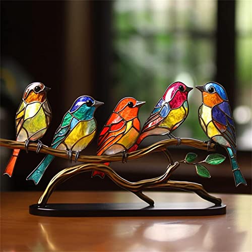 2023 New Stained Metal Birds On Branch Desktop Ornaments, Metal Flat Double Sided Colorful Birds Tabletop Decorations, Multicolor Hummingbird Craft Statue Bird Figurines Sculpture for Home Decor. - color: E-harmonious