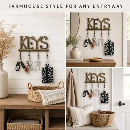 Comfify Gold-Black Cast Iron Key Holder for Wall – Keys Sign with 4 Hooks | Warm gold with black antique finish; mounting hardware included; entryway, hallway or door; 6"H x 8"L; holds 8 keychains - color: Gold with Black