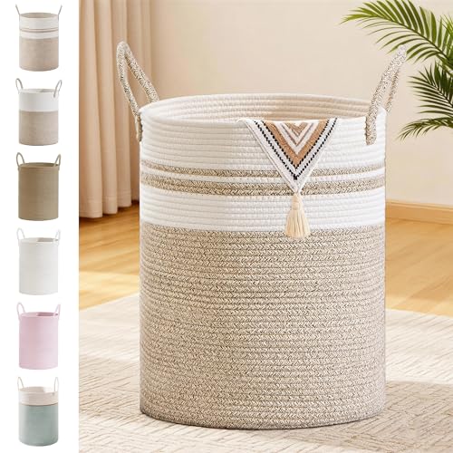 88L Large Tall Cotton Rope Laundry Basket with Handles, White & Brown | Storage Bin for Clothes, Blankets & Kids Toys, Boho Woven Hamper, Portable Organizer for Nursery, Bedroom, Living Room - color: Brown & White, size: 88L