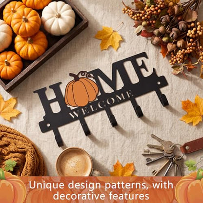 Halloween Home Pumpkin Key Holder Wall Mount Metal Fall Decorative Key Hooks Organizer Hanger Coat Rack with 5 Hooks Retro Welcome Autumn Halloween Decor for Entryway Bathroom 9.8 Inch - style: Pumpkin