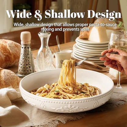 Pasta Bowls, 50oz Large Salad Serving Bowls, 9.75'' Plates Bowl Set of 4, Big White Ceramic Soup Bowl for Kitchen, Embossment Shallow Dinner Bowl, Microwave Dishwasher Safe, Damask Floral - color: White (Damask Floral)