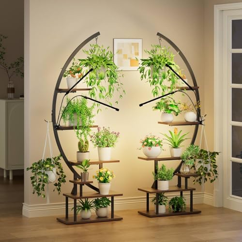 GREENSTELL Plant Stand Indoor with Grow Lights, 7-Tiered Tall Metal Plant Stand for Indoor Plants, Half-Moon Shape Display Shelf for Home,Living Room, Patio, Dark Brown (2 Pack) - color: Dark Brown, size: 45 in