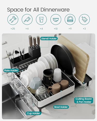 SONGMICS Dish Drying Rack, Expandable Stainless Steel, with Rotatable Spout | Dish Dryer with Utensil, Cup, Glass, Cutting Board and Pan Holders, Silver and Black, PAXTON Collection UKCS037B01 - color: Silver + Black, size: 19.9"D x 19.1"W x 8.9"H