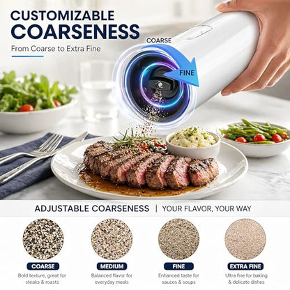 Electric Salt and Pepper Grinder Set with Rechargeable Base, Stainless Steel Automatic Pepper Mill, Large Capacity with LED Light & Adjustable Coarseness, Ideal for Kitchen, Outdoor & BBQ Gifts