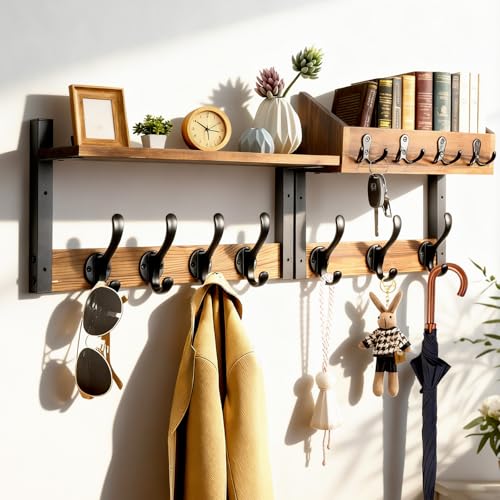 Scettar 29" Wood Coat Rack Wall Mount with Shelf, 4 in 1 Coat and Key Holder Wall Mount, Separable Entryway Wall Mounted Shelf withGreater Load-Bearing and Stability for Living Room, Bedroom, Garage