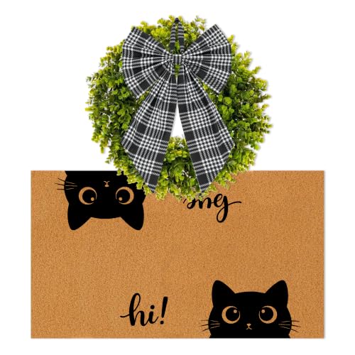 2 Pcs Funny Cat Front Door Mat and Wreath Set Cute Black Cat Faux Coir Doormat and 19" Artificial Greenery Wreath with Plaid Bow Welcome Outside Decor for Porch Entryway - color: Black Cat