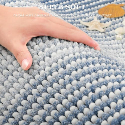 Bathroom Rugs Sets 3 Piece, Toilet Rugs U-Shaped Contour Bath Mat Set, Long Striped Absorbent Non Slip Chenille Shower Mat, Fog Blue - color: Fog Blue, size: 20"x47"+16"x24"+ U Shape 20"x24"