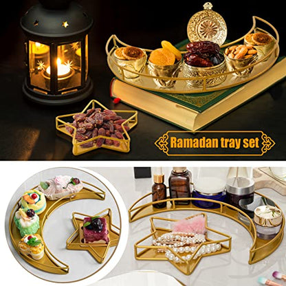 2PCS Ramadan Serving Trays Decorations for Home - Moon Star Shaped Eid Mubarak Table Decor Gifts, Islam Muslim Al-Fitr Iftar Party Crescent Iron Platters Dishes (Hollowed-Out) - style: Hollowed-out