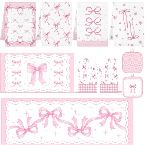 10 Pcs Kitchen Decor and Accessories Set, Coquette Bow | Ribbon Heart Pink 4 Dish Towels Kitchen Rugs 2 Oven Mitts 2 Pot Holders, Home Decor for Cooking Baking BBQ Housewarming - color: Pink Bow