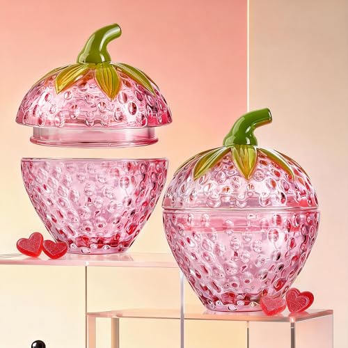 2 PCS Pink Strawberry Candy Jar with Lid, 3.5 oz Cute Crystal Candy Dish | Glass Cookie Jar Decorative Covered Container for Christmas Wedding Buffet, Valentines Day Gift for Women, Small Candy Bowl - color: Pink, 2pcs