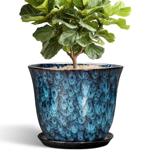 Ceramic Plant Pots - 12 Inch Pots for Plants Indoor Outdoor, Large Round Planter with Drainage Hole and Saucer, Modern Decorative Flower Pot, Home Garden Decor, House Warming Gifts, Blue - color: Blue, size: 12 Inch
