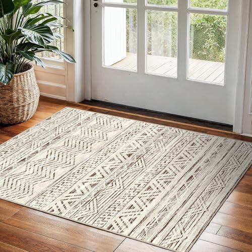 Ksrau 2x3 Area Rug Washable Moroccan: Non Slip Front Door Throw Rugs Beige | Soft Kitchen Mat Low Pile Thin Small Carpet Runner for Entryway Bedroom Bathroom Living Room Indoor Home Office Decor - color: Beige, size: 2' x 3'