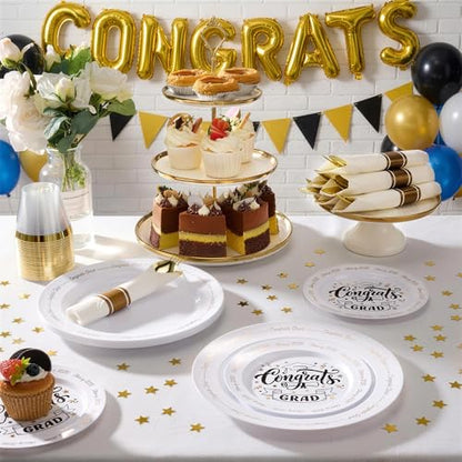 350 Piece Graduation Gold Plastic Dinnerware Set for 50 Guests | Disposable Dinnerware Includes: 50 Dinner Plates, 50 Dessert Plates, 50 Cups, 50 Pre Rolled Napkins with Silverware - color: White, style: 350 Piece (50 guests)