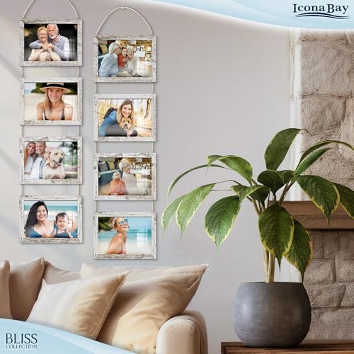 5x7 Hanging Picture Frames Collage with 8 Openings - Distressed White, 2 PK | Icona Bay casual style engineered wood frames, designed for wall hanging, space-saving photo display, Bliss collection - color: Distressed White, size: 5x7