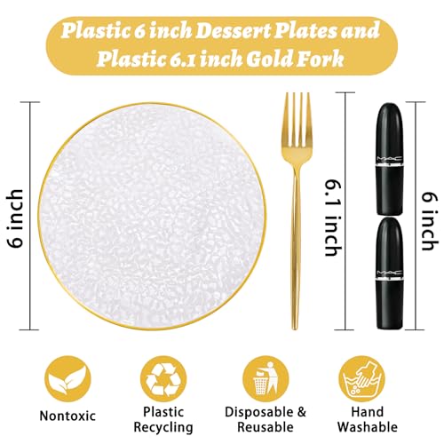 Rubtlamp 200 Pcs Clear Gold Dessert Plates with Forks, 6 inch Hammered Gold Small Disposable Plates, Fancy Appetizer Platos Include 100 Cake Plate,6 inch 100 gold Forks for Birthday, Wedding, Teatime - color: Clear gold