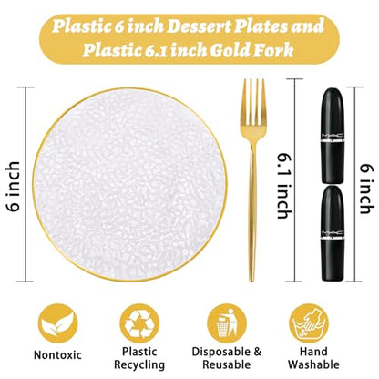 Rubtlamp 200 Pcs Clear Gold Dessert Plates with Forks, 6 inch Hammered Gold Small Disposable Plates, Fancy Appetizer Platos Include 100 Cake Plate,6 inch 100 gold Forks for Birthday, Wedding, Teatime - color: Clear gold