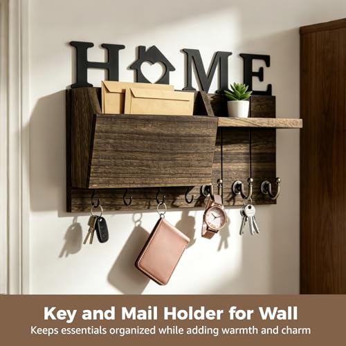 Key and Mail Holder for Wall, Wall Mount with Shelf and 7 Hooks, Rustic Farmhouse Wooden Entryway Organizer, for Hallway Kitchen Decorative