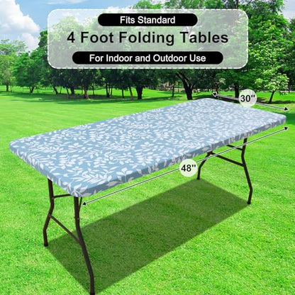Rectangle Vinyl Tablecloth, Fitted Table Cover, 100% Waterproof, Elastic Edge, Flannel Backing, Plastic Table Cloth Fit 4 Foot Folding Tables for Picnic, Camping (Blue Leaves, 30x48 inch) - color: Baby Blue, size: 48" x 30" (Rectangular)