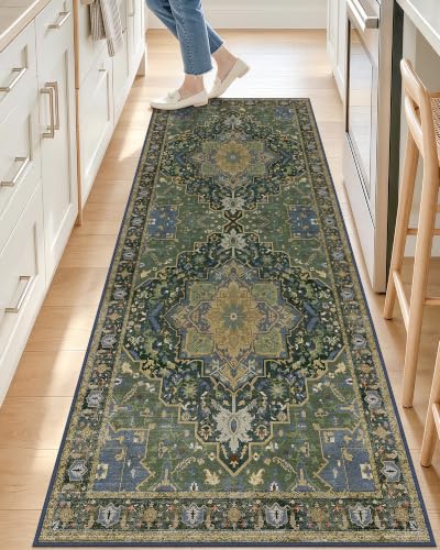 OLANLY 2x6 Washable Runner Rug, Soft Non Slip Carpet for Hallway Kitchen | Dark Green Boho Vintage Floral Medallion Farmhouse Rug, Spill & Stain Resistant Low Pile, for Entryway Laundry Office Bedroom - color: Dark Green, size: 2' x 6' (Runner)