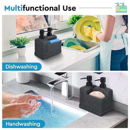 Kitchen Hand Soap and Dish Soap Dispenser Set,Dual Soap Dispenser with Sponge Holder 3-in-1 Organizer for Kitchen Sink,Bathroom,Useful Kitchen Gadgets - Black - color: 3 in 1 - Black