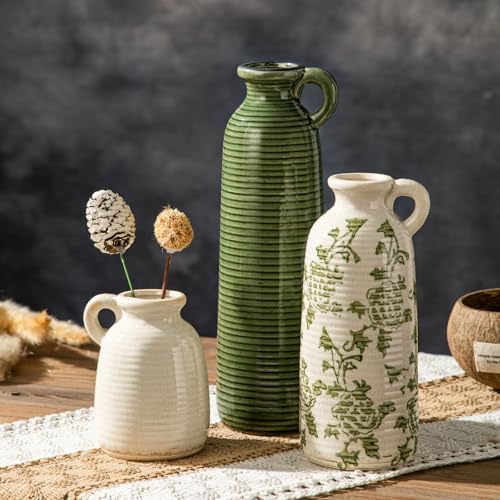 Ceramic Vases Set of 3, Farmhouse Country Flower Vase Home Decor,Living Room Kitchen Bathroom Decoration, Table Centerpieces, Shelf and Entrance Decorations-Multicolor. - color: Green Flower