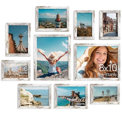 Vittanly 10 Pack Picture Frames Collage Wall Decor, Distressed White | Gallery Wall Frame Set: 2pcs 8x10, 4pcs 5x7 & 4pcs 4x6 Photos for Wall & Table, Picture Frames made of Engineered Wood - color: Distressed White