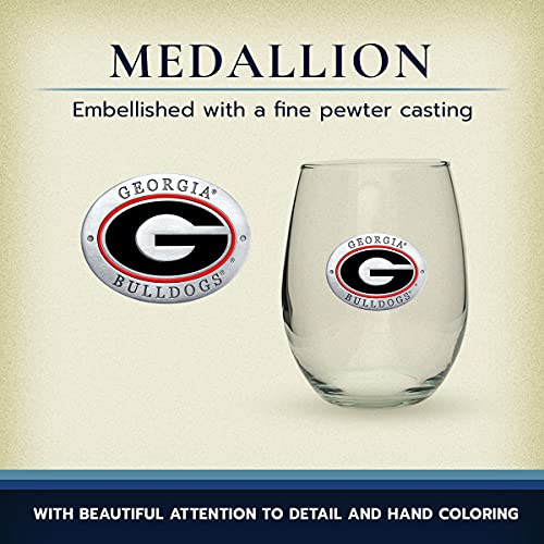 Heritage Pewter Georgia Bulldogs Stemless Glass Goblets – Set of 2 | 15 OZ Goblet Wine Glasses | Expertly Crafted Pewter Glass - style: GEORGIA G, RED