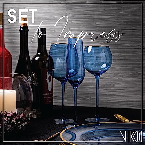 Vikko Champagne Flutes, 8.5 Ounce Toasting Champagne Flute, Blue with Gold Rim Crystal Clear Champagne Glasses, Set of 2 Elegant Sparkling Wine Glasses