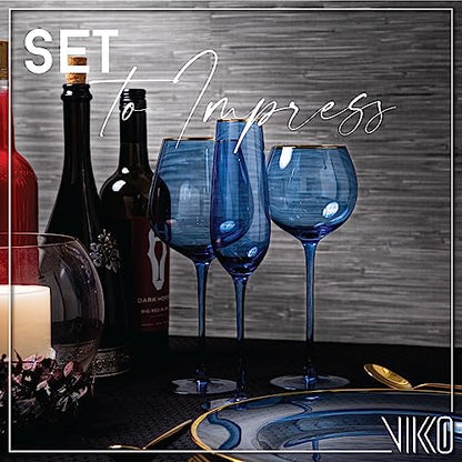 Vikko Champagne Flutes, 8.5 Ounce Toasting Champagne Flute, Blue with Gold Rim Crystal Clear Champagne Glasses, Set of 4 Elegant Sparkling Wine Glasses