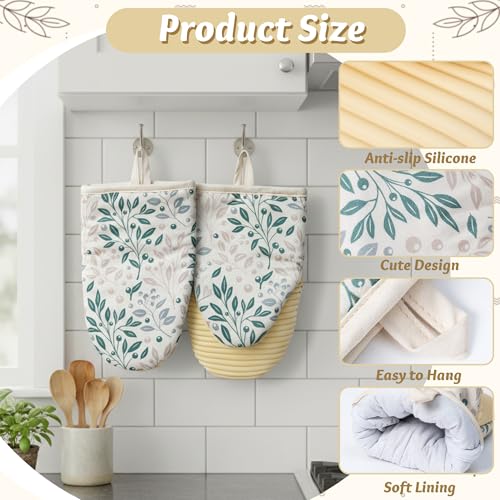 Mini Oven Mitts Set - 5.5” x 8.6” Small Heat Resistant Kitchen Mitt with Non-Slip Silicone Grips Palm, Soft Filling Washable Gloves with Hanging Loop for Home Cooking Baking Picnic (Leaf) - color: Green