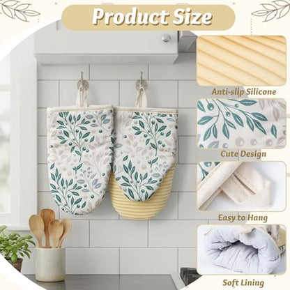 Mini Oven Mitts Set - 5.5” x 8.6” Small Heat Resistant Kitchen Mitt with Non-Slip Silicone Grips Palm, Soft Filling Washable Gloves with Hanging Loop for Home Cooking Baking Picnic (Leaf) - color: Green