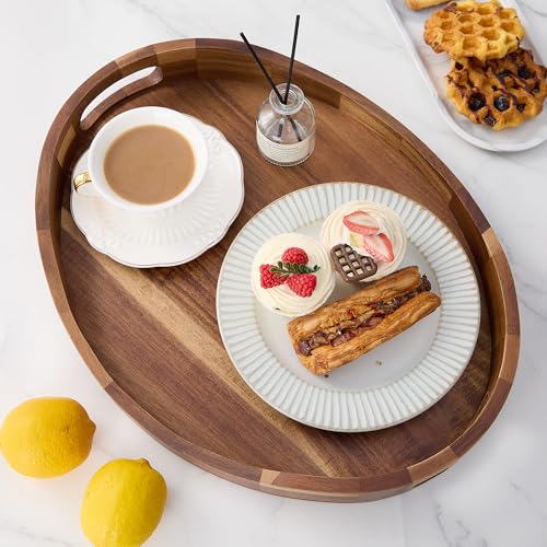 Acacia Wood Serving Tray with Handles - 17'' x 13'' Round, Decorative Ottoman Trays for Breakfast, Home Decor, Tea Party, Coffee Table, Candle Display, Kitchen Counter Board