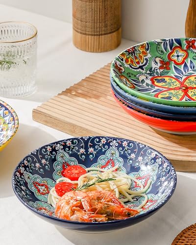 HENXFEN LEAD Boho Pasta Bowls Set of 6, 26 oz Wide Shallow Ceramic Bowls | Assorted Patterns, Ideal for Pasta, Salad, Soup, Risotto and Everyday Meals, Microwave and Dishwasher Safe - size: 26 Oz