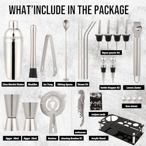 Bartender Kit, 26-Piece Cocktail Shaker Set Stainless Steel Drink Shaker Bar Set with Acrylic Stand & Cocktail Recipes Booklet, Perfect Cocktail Set for Drink Mixing, Home, Bar and Parties
