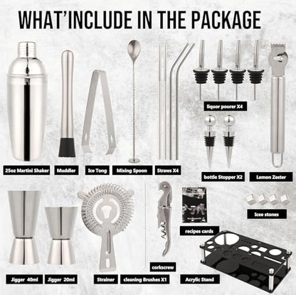 Bartender Kit, 26-Piece Cocktail Shaker Set Stainless Steel Drink Shaker Bar Set with Acrylic Stand & Cocktail Recipes Booklet, Perfect Cocktail Set for Drink Mixing, Home, Bar and Parties