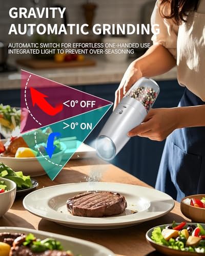 CIRCLE JOY Gravity Electric Salt and Pepper Grinder Set with 2-Speed, Rechargeable Salt and Pepper Grinder Set, Adjustable Coarseness, Whiet LED Light - color: Silver Variable Speeds, size: KYMQ + Rechargeable
