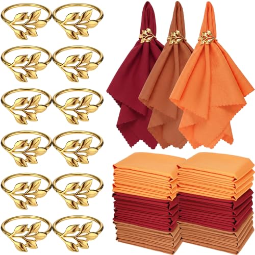 LemonRoad 36 Pcs Cloth Napkins and Napkin Ring Holders, Reusable Fabric for Table Decor Banquet Holiday Dinner Party Supply(Orange, Burgundy, Coffee，Gold,Fall) - color: Orange, style: Burgundy, Coffee，gold,Fall