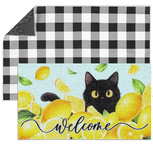 2 Pcs Lemon Black Cat Welcome Doormats, Summer Layered Front Door Mats Checkered Plaid Non Slip Floor Coir Rugs for Porch Entryway Indoor Outdoor Home Bathroom Decor (Lemon Black Cat) - style: Lemon Black Cat