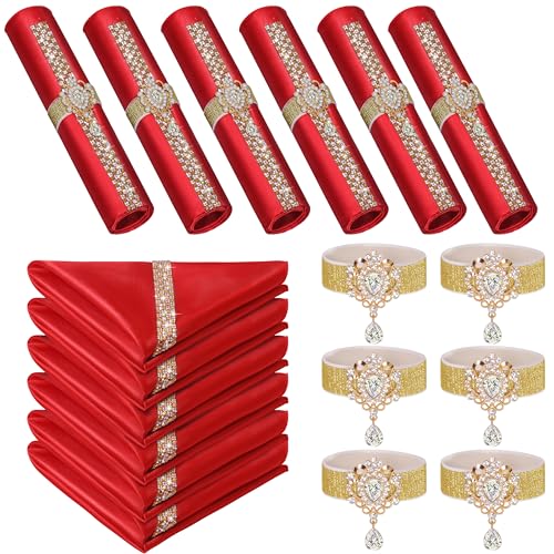 12 Pack Red Satin Bling Cloth Napkins & Gold Napkin Rings Set of 6 | 17x17 Inch Personalized Wedding Napkins, Square Fancy Dinner & Cocktail Napkins for Bridal Shower, Party Table Décor - color: Red