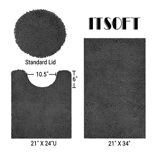 Standard 3pc Non-Slip Shaggy Chenille Bathroom Mat Set, Includes 24"x21" U-Shaped Contour Toilet Rug, 34"x21" Bathmat and 1 Toilet Lid Cover, Charcoal Gray - color: Charcoal Gray, size: 24''x21’’, 34’’x21’’ and TLC (Set)