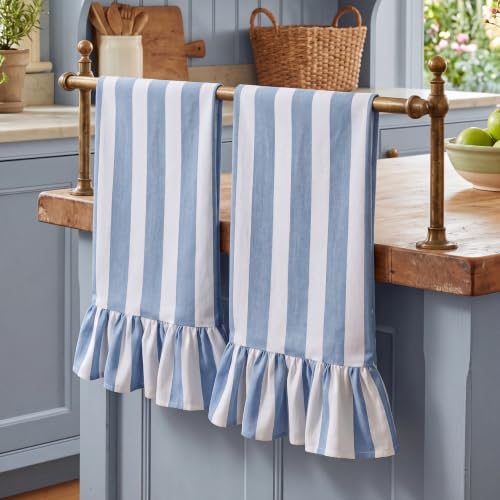 Blue Striped Kitchen Towels Set of 2, 100% Cotton Ruffled Striped Dish Towels 18"x31" Absorbent Tea Cloths Classic Pattern for Farmhouse Charm, Drying Dishes, Entertaining Guests - color: Blue