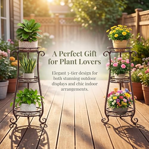 SYO 3-Tier Metal Plant Stand, Antique Bronze, Indoor Outdoor Flower Rack for Patio, Courtyard, Living Room, 33.9 in Tall