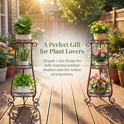SYO 3-Tier Metal Plant Stand, Antique Bronze, Indoor Outdoor Flower Rack for Patio, Courtyard, Living Room, 33.9 in Tall