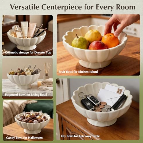 8-Inch Medium Fluted Ceramic Decorative Bowl,Cream White Speckled Fruit Bowl for Kitchen Counter,Key Bowl for Entryway Table,Handcrafted Pedestal Bowl for Coffee Table, Dining Room Centerpiece Bowl ﻿