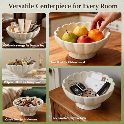 8-Inch Medium Fluted Ceramic Decorative Bowl,Cream White Speckled Fruit Bowl for Kitchen Counter,Key Bowl for Entryway Table,Handcrafted Pedestal Bowl for Coffee Table, Dining Room Centerpiece Bowl ﻿