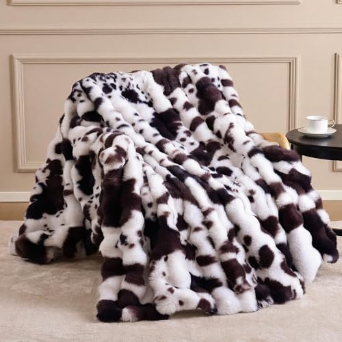 Faux Rabbit Fur Throw for Couch - Cow Brown Bubble Blanket 50"x60" | Fluffy Plush Fuzzy Throw for Sofa & Bed, Super Soft Cozy Comfrt Blanket, Luxury Aesthetic Cow Print Decor Gift for Women - color: Cow Brown, size: Throw(50" x 60")