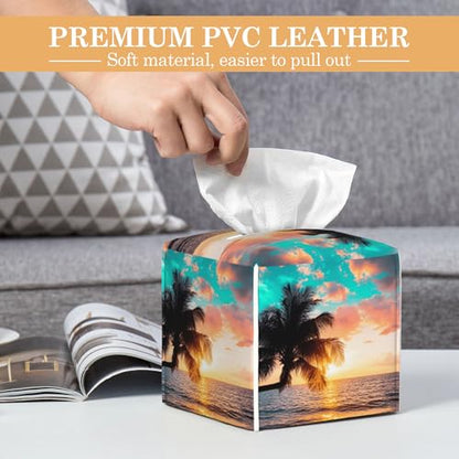 Sunset Beach Tissue Box Cover,Palm Tissue Box Holder Waterproof Leather Facial Paper Organizer Dispenser for Bathroom Home Car Nightstand Vanity - color: Sunset Beach Palm